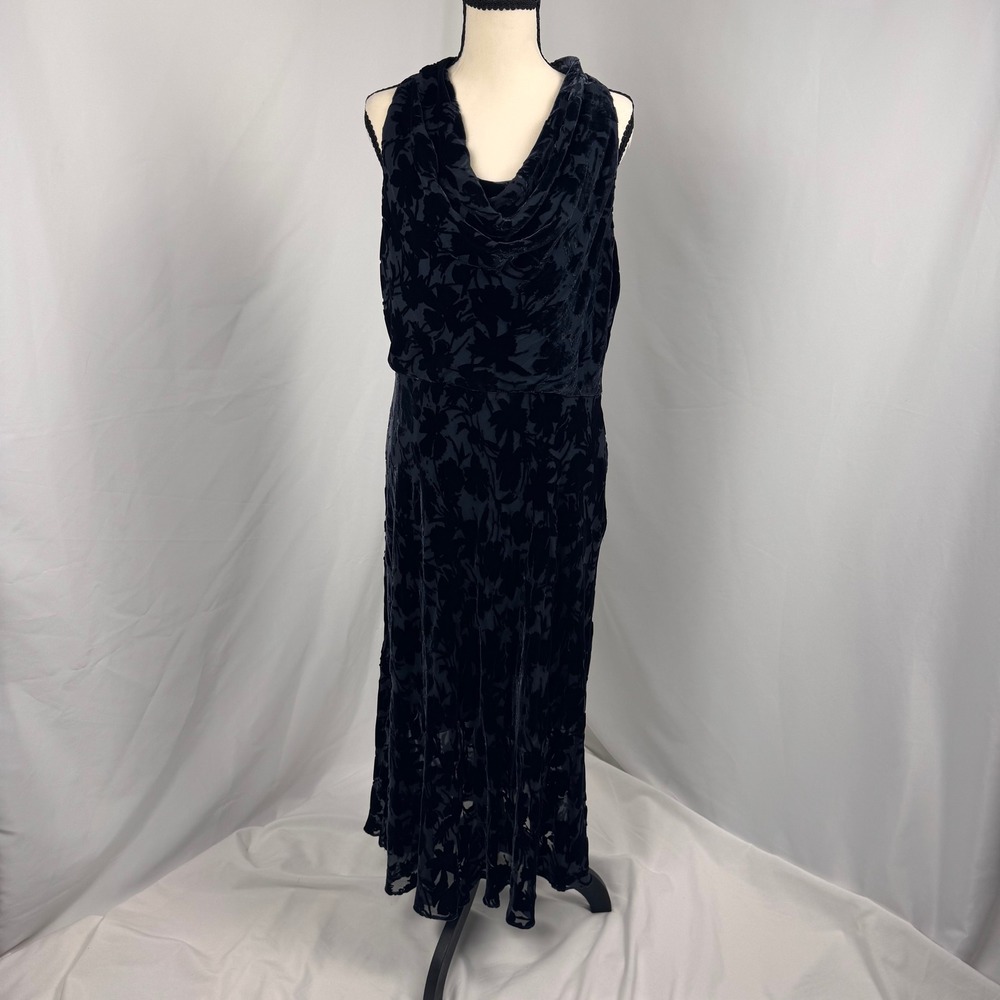 Elie Tahari Dress Women 14 Navy Blue Silk Blend Burnout Velvet Cowl Neck Midi